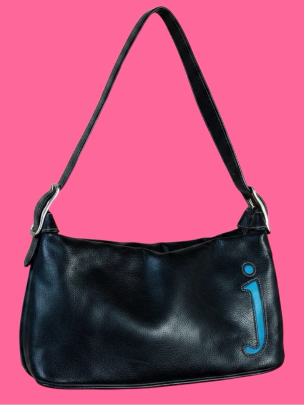 Liz Claiborne Black Leather Crossbody Bag with Blue 'J' Accent